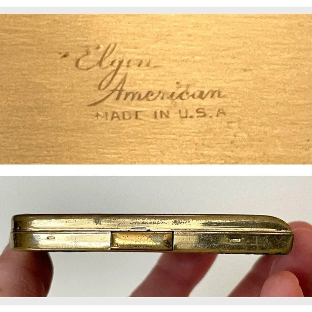 Vintage Brass Elgin Women's American Compact with Mirror Engraved Stripes